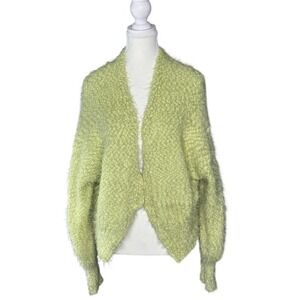 Louna‎ Fuzzy Knit Cropped Cardigan Sweater Lime Green Long Sleeve Women's Medium